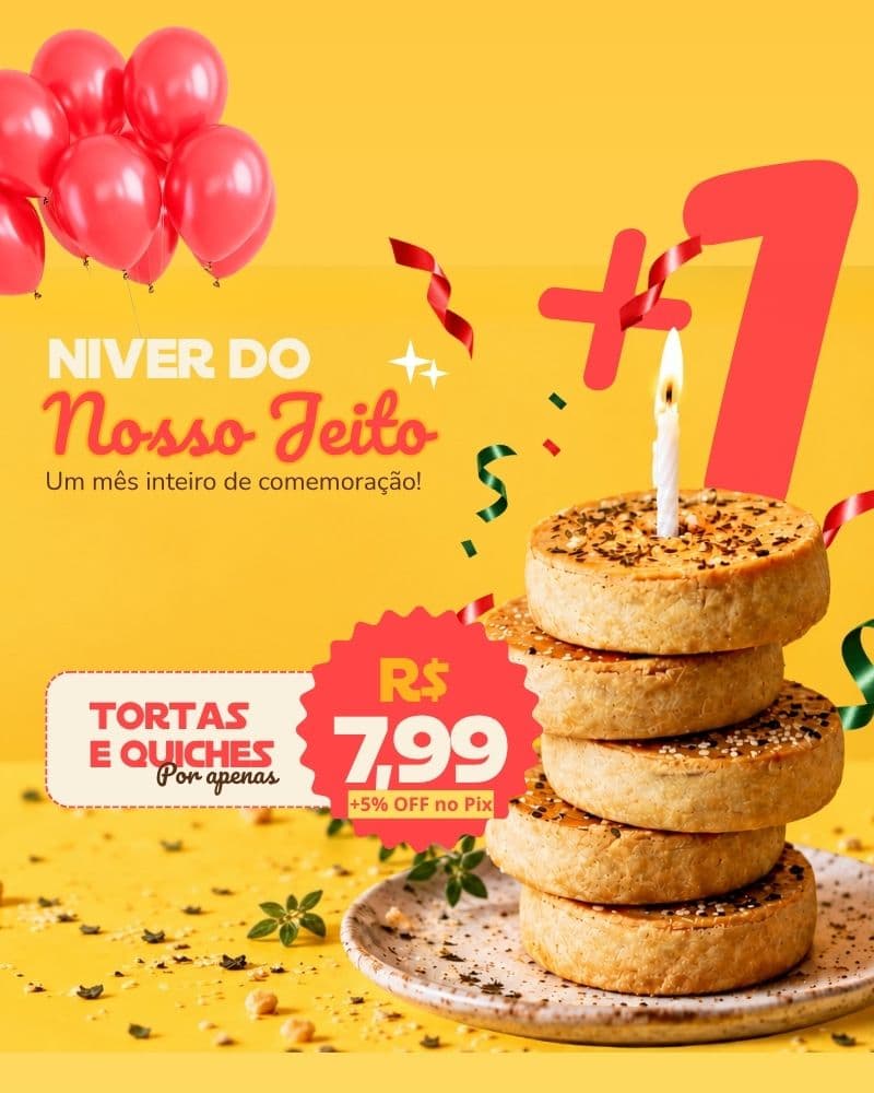 Niver do Nosso Jeito: tortas e quiches por R$ 7,99 + 5% OFF no Pix